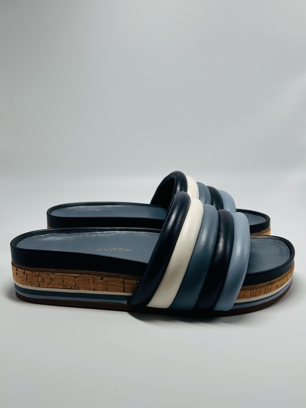 Tory Burch quilted platform slide sandals, colorblock navy, white, & blue. 8.5 - Picture 5 of 9